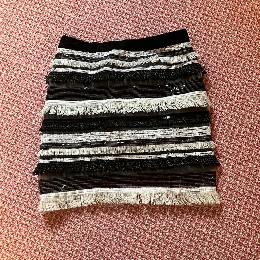 MILLY minis White and black fringe and sequin mini skirt